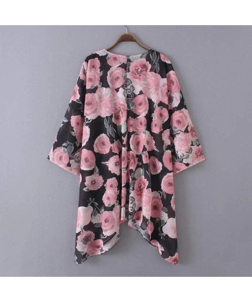 Cover-Ups Womens Summer Chiffon Shawl Floral Print Kimono Cardigan Top Cover Up Blouse Beachwear - A Pink - CV18QXEY56O