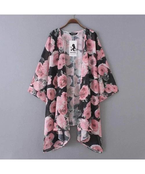 Cover-Ups Womens Summer Chiffon Shawl Floral Print Kimono Cardigan Top Cover Up Blouse Beachwear - A Pink - CV18QXEY56O