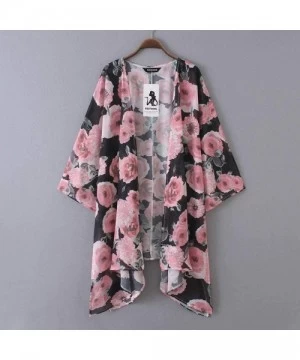 Cover-Ups Womens Summer Chiffon Shawl Floral Print Kimono Cardigan Top Cover Up Blouse Beachwear - A Pink - CV18QXEY56O