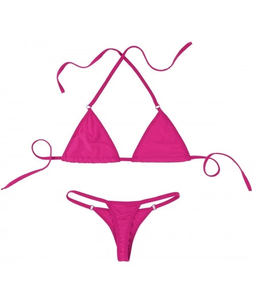 Sets 2Pcs Women's Sexy Halterneck Micro Triangle Bikini Set Brazilian Swimsuits Bathing Suit - Rose - C418NINE0I8