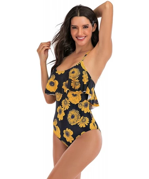 Sets Women One Piece Flounce Swimsuit Vintage Printed Off Shoulder Flounce Ruffled Swimwear Bathing Suit Backless Printed - C...