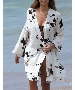 Cover-Ups Women Bohemian Chiffon Bikini Swimsuit Cover Up Swimwear Tassel Cardigan - Black White 2 - C218HEK29KK