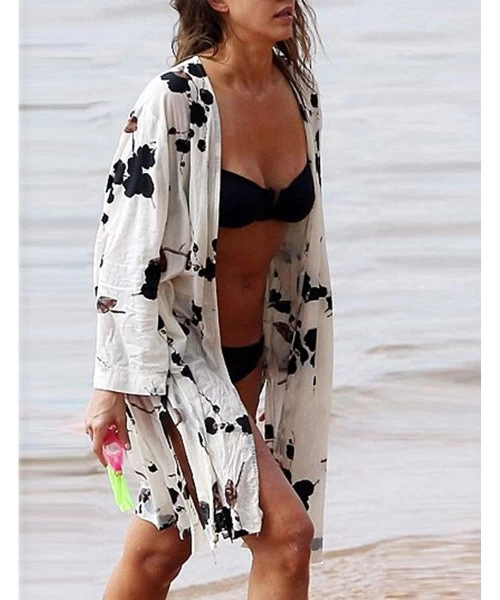 Cover-Ups Women Bohemian Chiffon Bikini Swimsuit Cover Up Swimwear Tassel Cardigan - Black White 2 - C218HEK29KK