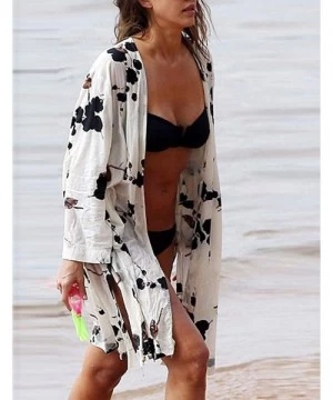 Cover-Ups Women Bohemian Chiffon Bikini Swimsuit Cover Up Swimwear Tassel Cardigan - Black White 2 - C218HEK29KK