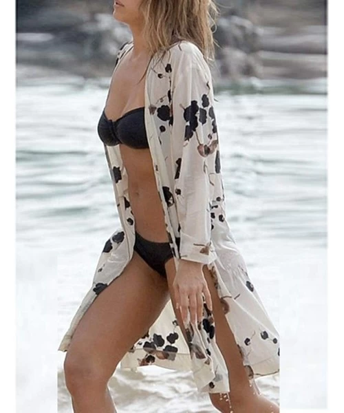 Cover-Ups Women Bohemian Chiffon Bikini Swimsuit Cover Up Swimwear Tassel Cardigan - Black White 2 - C218HEK29KK