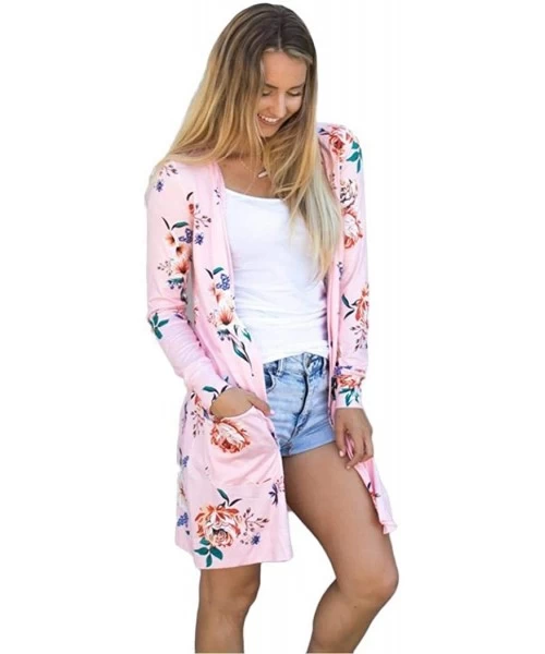 Cover-Ups Women Open Front Tops Floral Cardigan Long Sleeve Casual Loose Cover-Ups - Light Pink - C718X944DRK