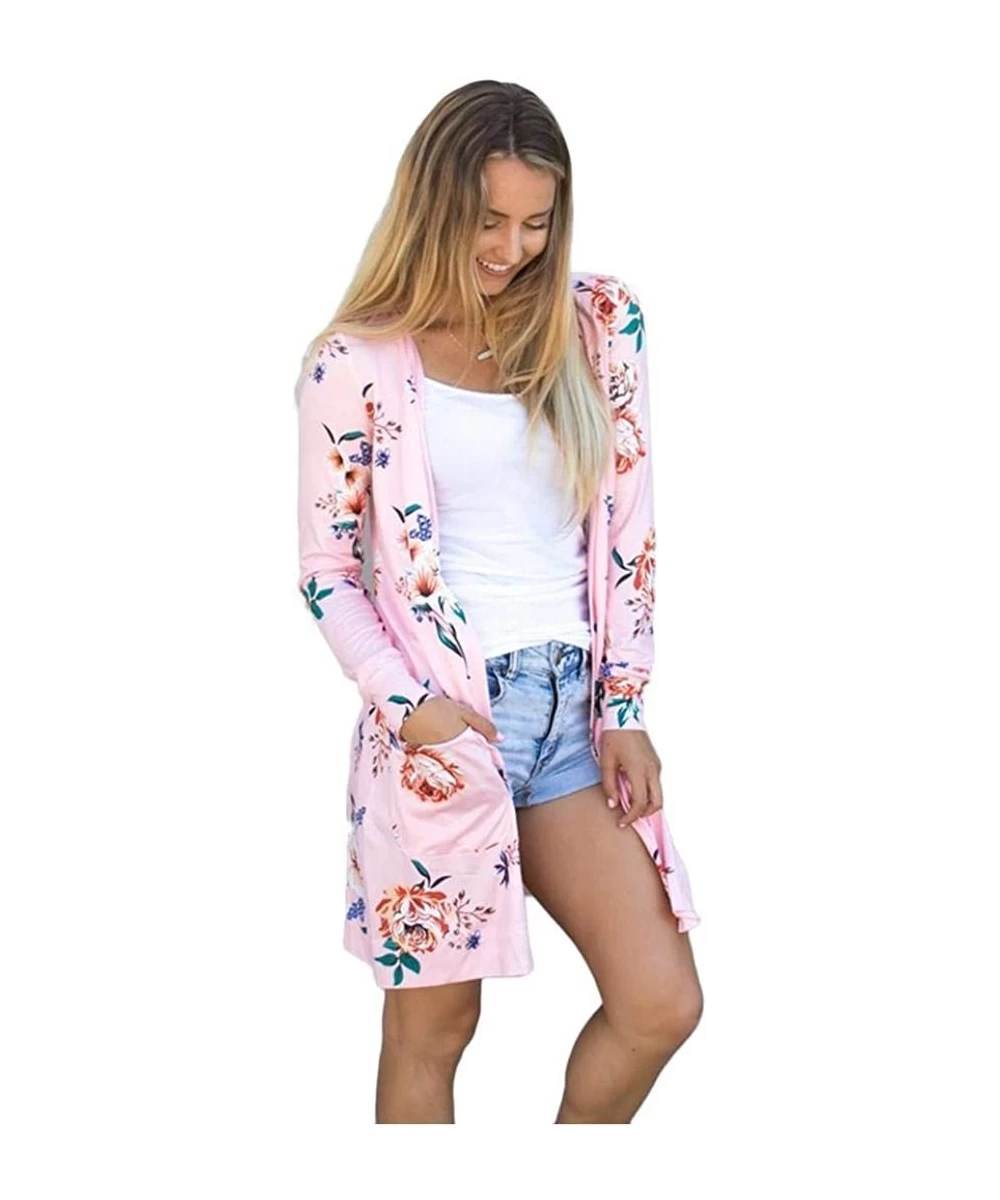 Cover-Ups Women Open Front Tops Floral Cardigan Long Sleeve Casual Loose Cover-Ups - Light Pink - C718X944DRK