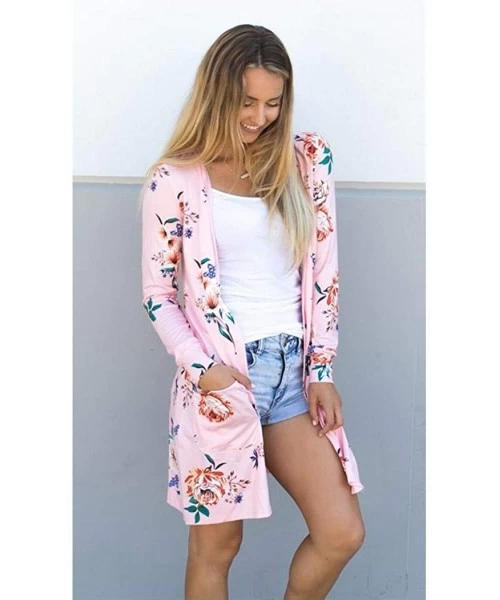 Cover-Ups Women Open Front Tops Floral Cardigan Long Sleeve Casual Loose Cover-Ups - Light Pink - C718X944DRK