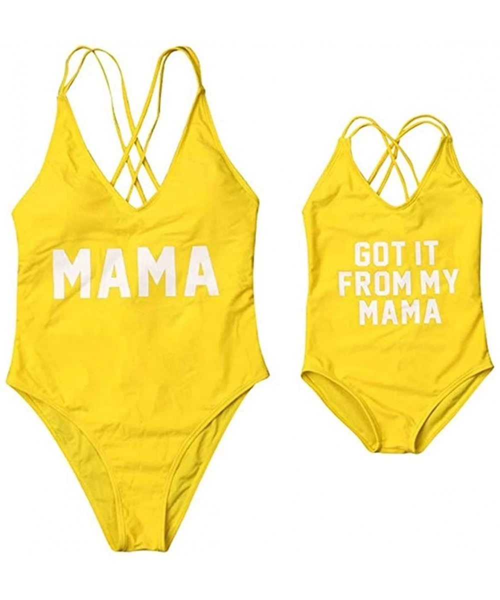 One-Pieces Mommy and Me Swimsuits Family Matching Letter Print One Piece Bikini Bathing Suit - Yellow - CS18TX3CSR7