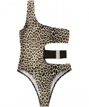 One-Pieces Women's One Piece Swimsuit One Shoulder Cut Out Leopard Tie Waist Bathing Suits Monokini - Leopard-1 - C4193QG06QY