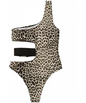 One-Pieces Women's One Piece Swimsuit One Shoulder Cut Out Leopard Tie Waist Bathing Suits Monokini - Leopard-1 - C4193QG06QY