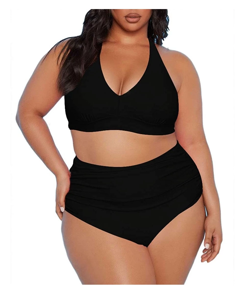 Sets Women's 2 Piece Plus Size High Waisted Halter Bikini Swimsuit Bathing Suit - Black - CU194MX8W0U