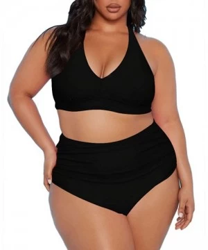 Sets Women's 2 Piece Plus Size High Waisted Halter Bikini Swimsuit Bathing Suit - Black - CU194MX8W0U