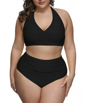 Sets Women's 2 Piece Plus Size High Waisted Halter Bikini Swimsuit Bathing Suit - Black - CU194MX8W0U