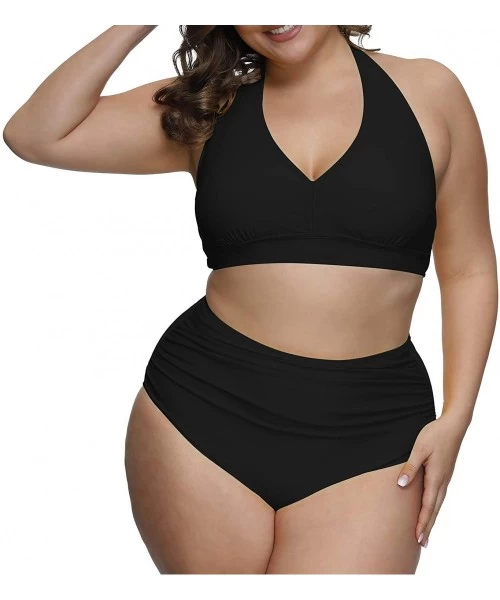 Sets Women's 2 Piece Plus Size High Waisted Halter Bikini Swimsuit Bathing Suit - Black - CU194MX8W0U