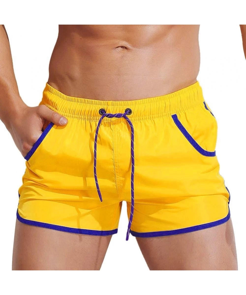 Briefs Mens Classic Pure Color Drawstring Slim Fit Swim Trunks Casual Outdoor Beach Shorts with Pockets Athletic Pants - Yell...