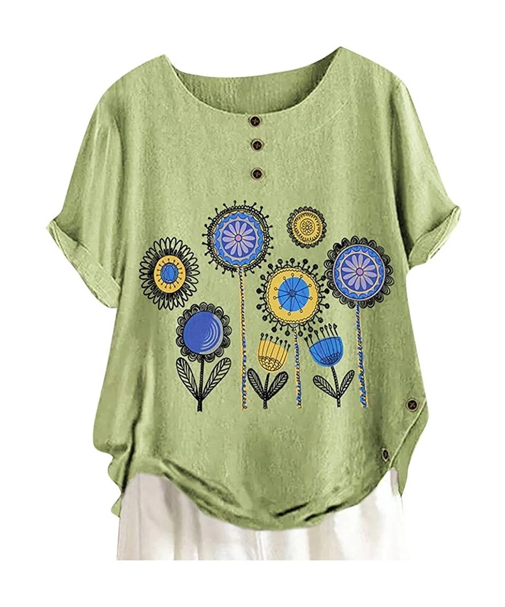 Tops Short Sleeve Tee Blouse for Women-Women Linen Dandelion Print Button Blouses Boat Neck T Shirt Tops - Green - CH198SGREGQ