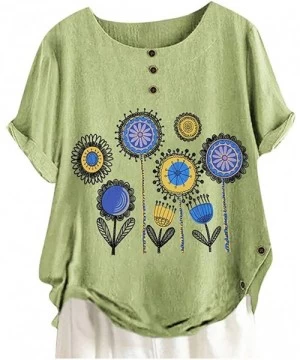 Tops Short Sleeve Tee Blouse for Women-Women Linen Dandelion Print Button Blouses Boat Neck T Shirt Tops - Green - CH198SGREGQ