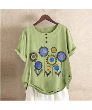 Tops Short Sleeve Tee Blouse for Women-Women Linen Dandelion Print Button Blouses Boat Neck T Shirt Tops - Green - CH198SGREGQ