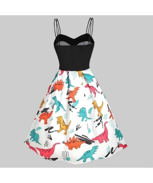 Board Shorts Vintage Floral Dress Sleeveless Dinosaur Printed Cami Empire Waist Swing Dresses - White - CK18TT682NK