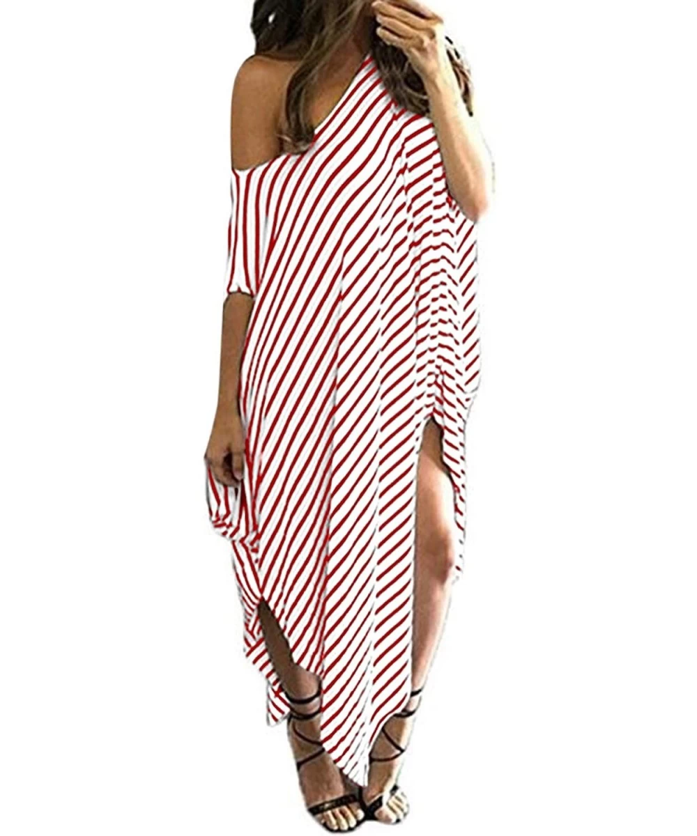 Cover-Ups Women Maxi Dress Striped Long Dresses Casual Loose Kaftan Oversized Round Neck Sundress - B-red - CK1979LGT0Z