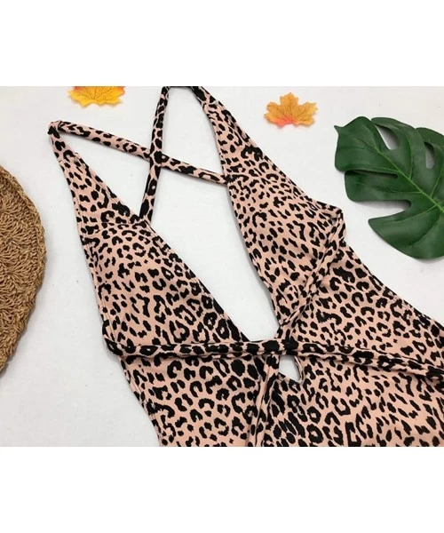 One-Pieces Women Leopard Print One Piece Swimsuit Swimwear Bandage High Cut Monokini Bathing Suit - Leopard - C418DYHEWH8