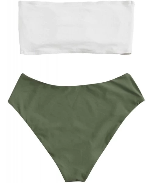 Sets Women's Sexy Bikini Set High Waist Wrap Padding Bandeau Bathing Swimwear Suit - White Green-1 - CI197069W2C