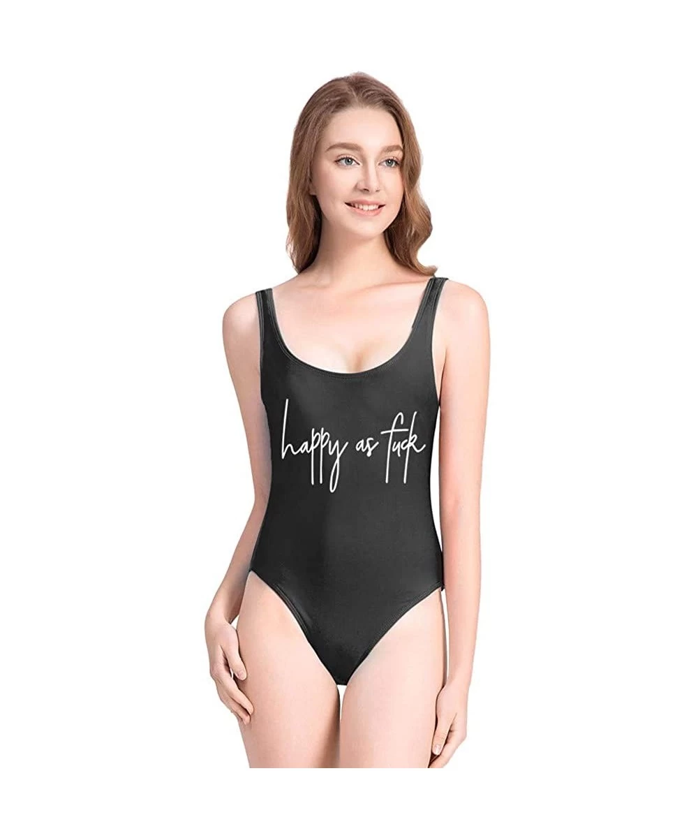 One-Pieces Cute Happy AS Fuck One Piece Swimsuit with High Cut Backless for Women Bathing Suits Swimwear - Black - C918QHUSIMO