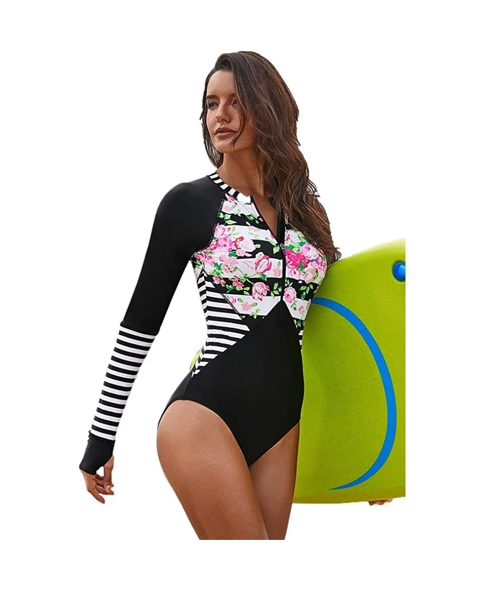 Rash Guards Bikini Set Sexy Floral Print Bikini 2 Piece Swimsuit Push Up Padded Swimwear - Black-zipped - CS18O3M3QEG