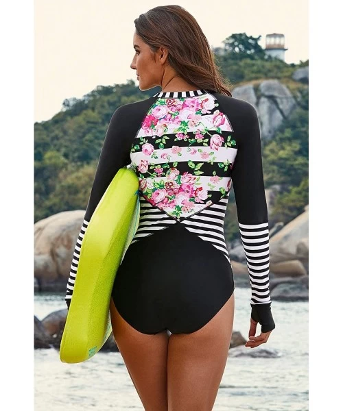 Rash Guards Bikini Set Sexy Floral Print Bikini 2 Piece Swimsuit Push Up Padded Swimwear - Black-zipped - CS18O3M3QEG