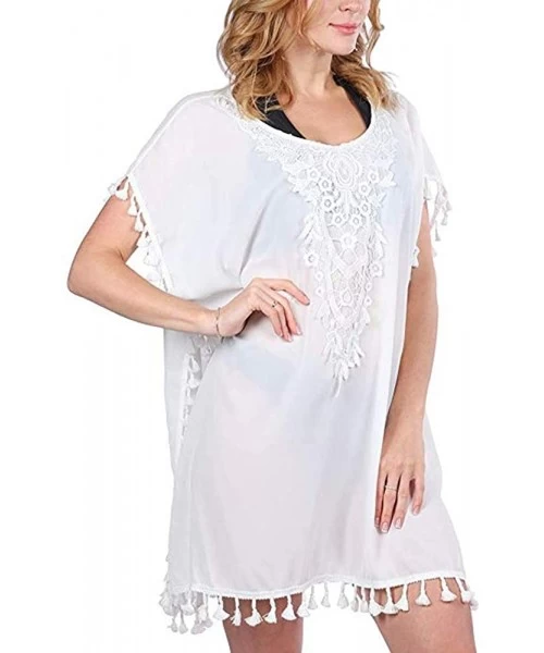 Sets Women Swimwear Dress Cover Up V Neck Bikini with Tassel - White - CG193MZ3L0R