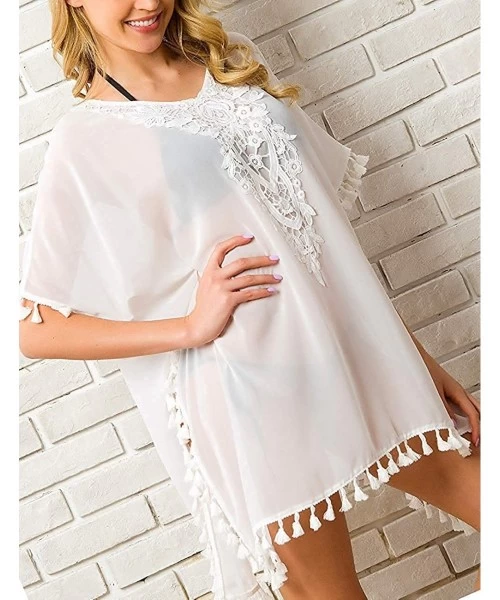 Sets Women Swimwear Dress Cover Up V Neck Bikini with Tassel - White - CG193MZ3L0R