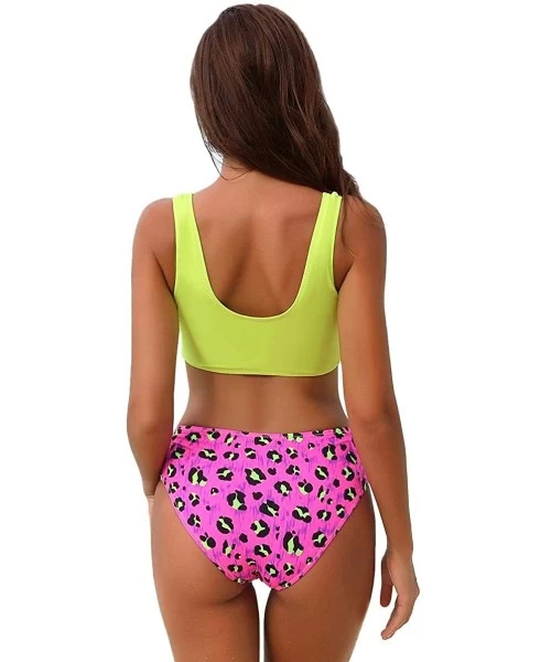 Sets Women's Leopard Bikini Buckle Front Top Two Piece Swimsuit High Waist Padded Bra Beach Swimwear Cheeky Bathing Suit - Gr...