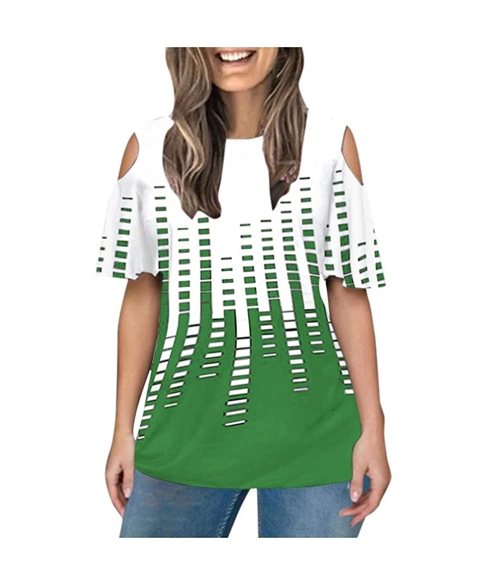 Sets Fashion Women's O-Neck Print Patchwork Off Shoulder Short Sleeves Blouse Tops - Green - CD199Q27Q4W