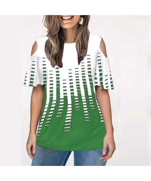 Sets Fashion Women's O-Neck Print Patchwork Off Shoulder Short Sleeves Blouse Tops - Green - CD199Q27Q4W