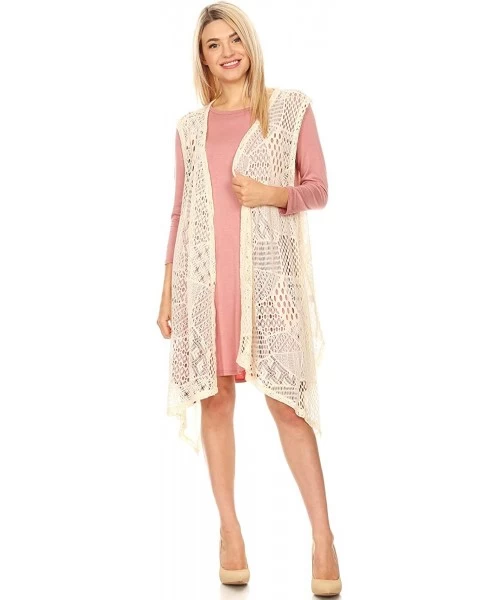 Cover-Ups Womens Sleeveless Open Front Crochet Shawl Cardigan Bikini Cover Up - Beige(long) - CL18SQUMKGT