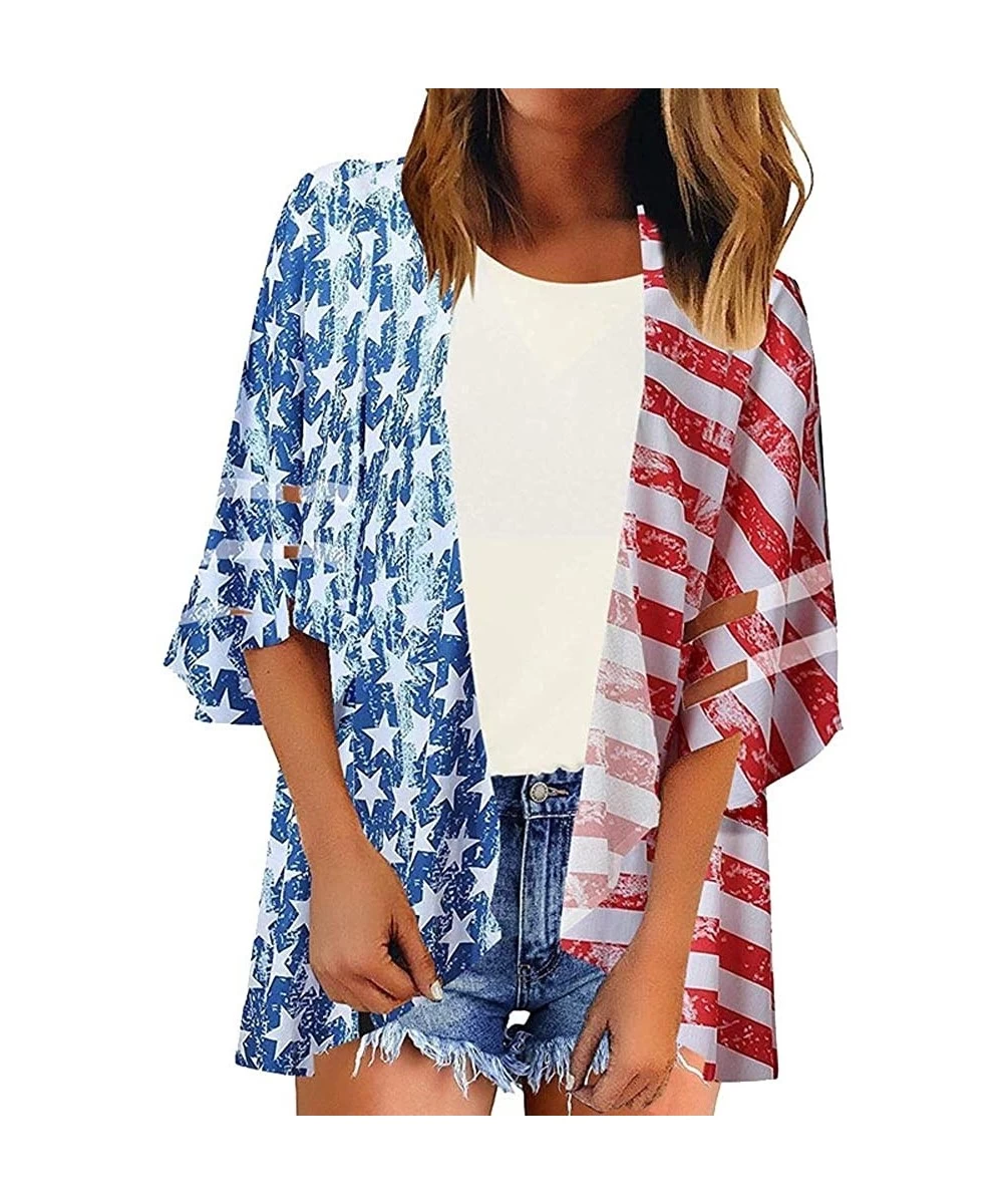 Cover-Ups Women Cardigan American Flag Print Kimono Cardigans Mesh Panel Blouse 3/4 Bell Sleeve Loose Top Cover Up Multicolor...