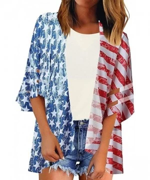 Cover-Ups Women Cardigan American Flag Print Kimono Cardigans Mesh Panel Blouse 3/4 Bell Sleeve Loose Top Cover Up Multicolor...