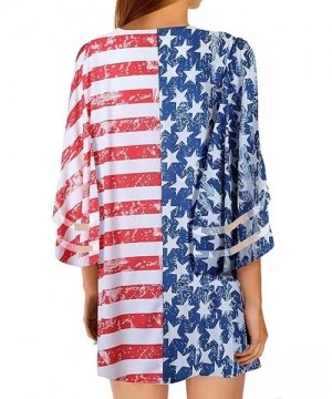 Cover-Ups Women Cardigan American Flag Print Kimono Cardigans Mesh Panel Blouse 3/4 Bell Sleeve Loose Top Cover Up Multicolor...