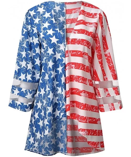 Cover-Ups Women Cardigan American Flag Print Kimono Cardigans Mesh Panel Blouse 3/4 Bell Sleeve Loose Top Cover Up Multicolor...