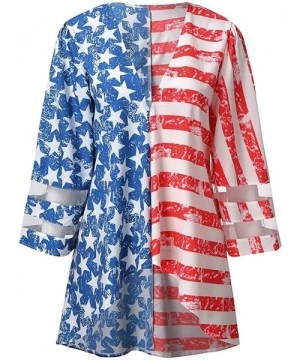 Cover-Ups Women Cardigan American Flag Print Kimono Cardigans Mesh Panel Blouse 3/4 Bell Sleeve Loose Top Cover Up Multicolor...