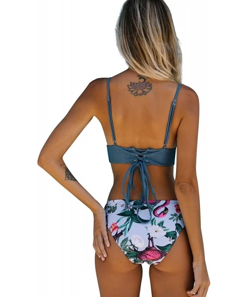 Sets Womens V Neck Lace Up Bikini Set Floral Printed Two Piece Swimsuit Bathing Suits - Blue - CS199XTENEI