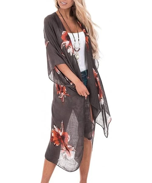 Cover-Ups Womens Kimono Cardigan- Boho Leopard Open Front Loose Long Cover Up Smock - 8 Black - C118W45LRDY