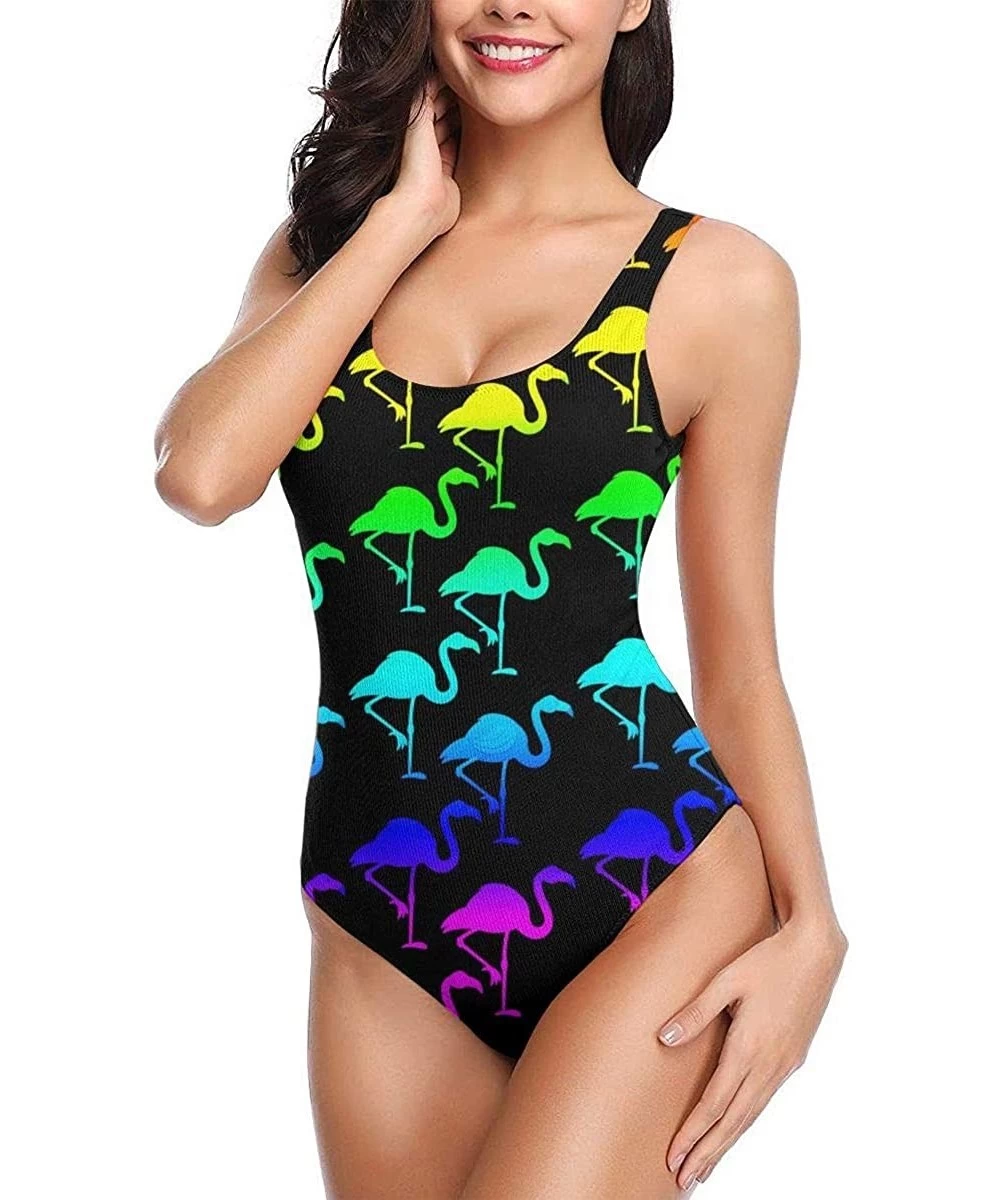 One-Pieces Women One Piece Swimsuit Monokini Halter Neck Swimdress Retro Boho Beachwear Rainbow Flamingo Funny Flamingo Black...