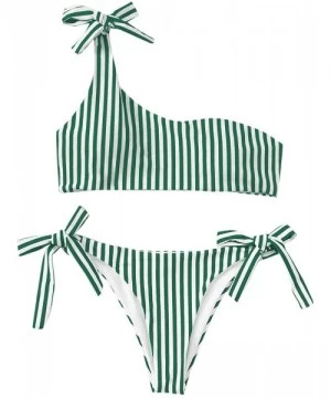 Sets Women's Sexy Bathing Suits One Shoulder Tie Knot Front Bikini Swimsuit - Striped Green - CT19DS7H4M3