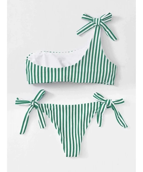 Sets Women's Sexy Bathing Suits One Shoulder Tie Knot Front Bikini Swimsuit - Striped Green - CT19DS7H4M3