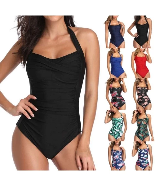 One-Pieces Womens Sexy Swimsuit One Piece Push Up Padded Solid Halterneck Monokini Swimwear Bathing Suit Bikini - Dark_green ...