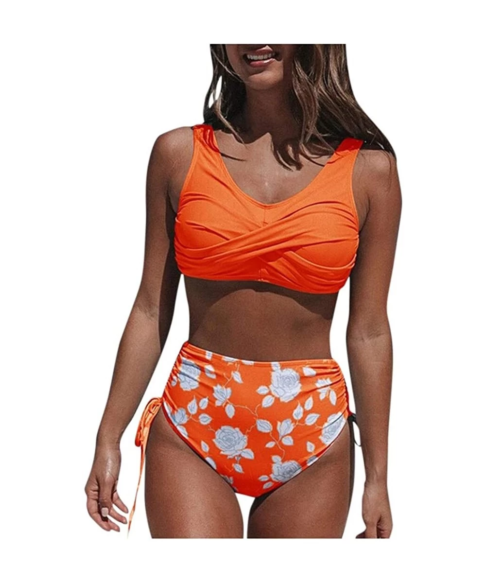 Rash Guards Swimsuits for Women Plus Size Two Piece Bikini Set High Waisted Tie Side Bottom Swimsuits - Orange - CJ197HHQXCZ