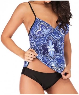 Sets Women Plus Size Swimsuit Fashion High Waist National Style Print Tankini Swimjupmsuit Beachwear Padded Swimwear Blue - C...