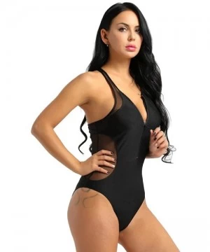 One-Pieces Womens Adult Soft Sheer Mesh Splice Sleeveless Zip Front One-Piece Bathing Suit Monokini Beach Swimwear - Black - ...